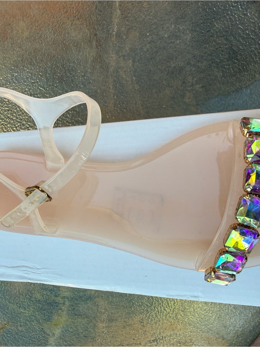 Shoe Republic LA Nude Jelly Sandal with Iridescent Gem Toe Strap